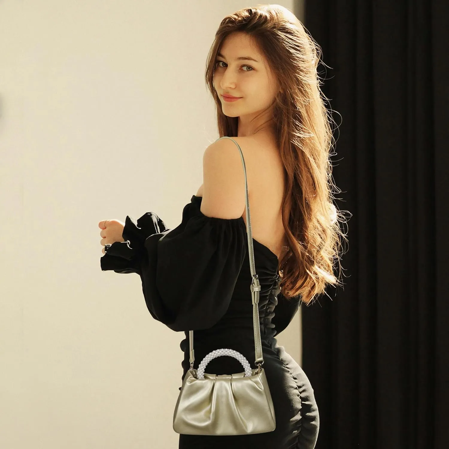 Pleated Clutch Purses for Women Soft Leather Evening Bag Pearl Handbags for Wedding Bridal Party Prom