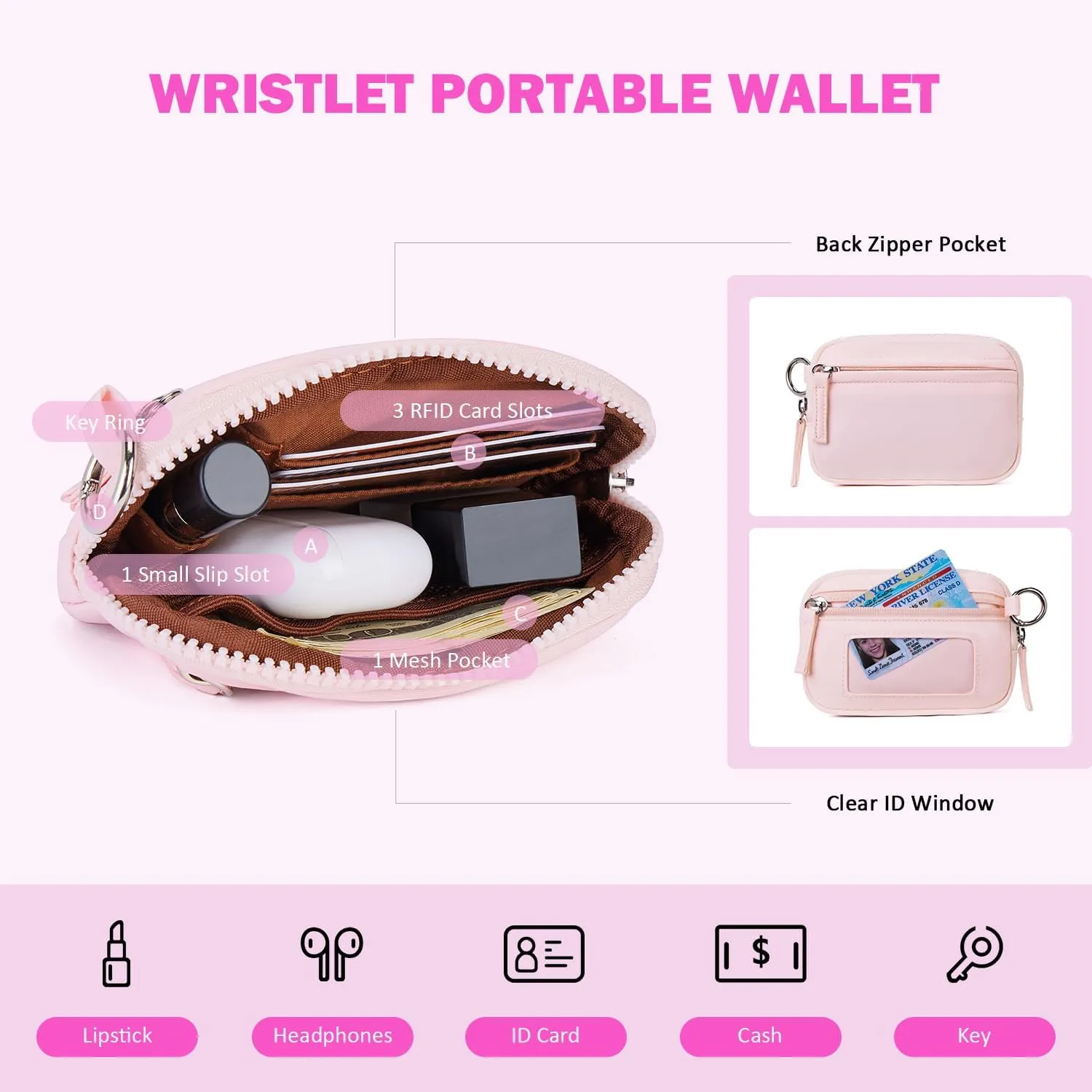 POIUGOYA Keychain Wristlet Wallet,Dual Pouch Wristlet Portable,Nylon RFID Coin Purse Small Wallet with key ring,ID Window