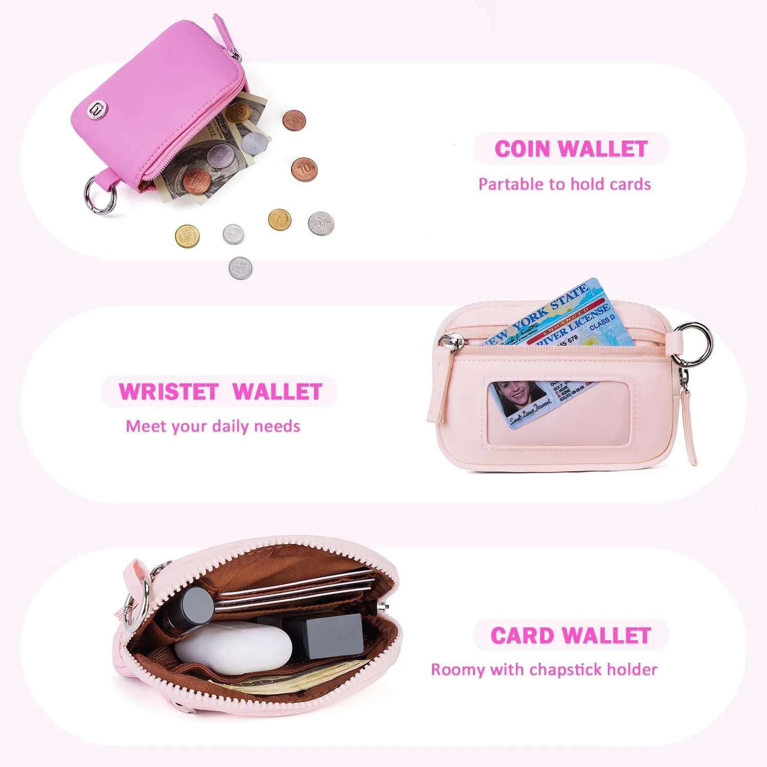 POIUGOYA Keychain Wristlet Wallet,Dual Pouch Wristlet Portable,Nylon RFID Coin Purse Small Wallet with key ring,ID Window