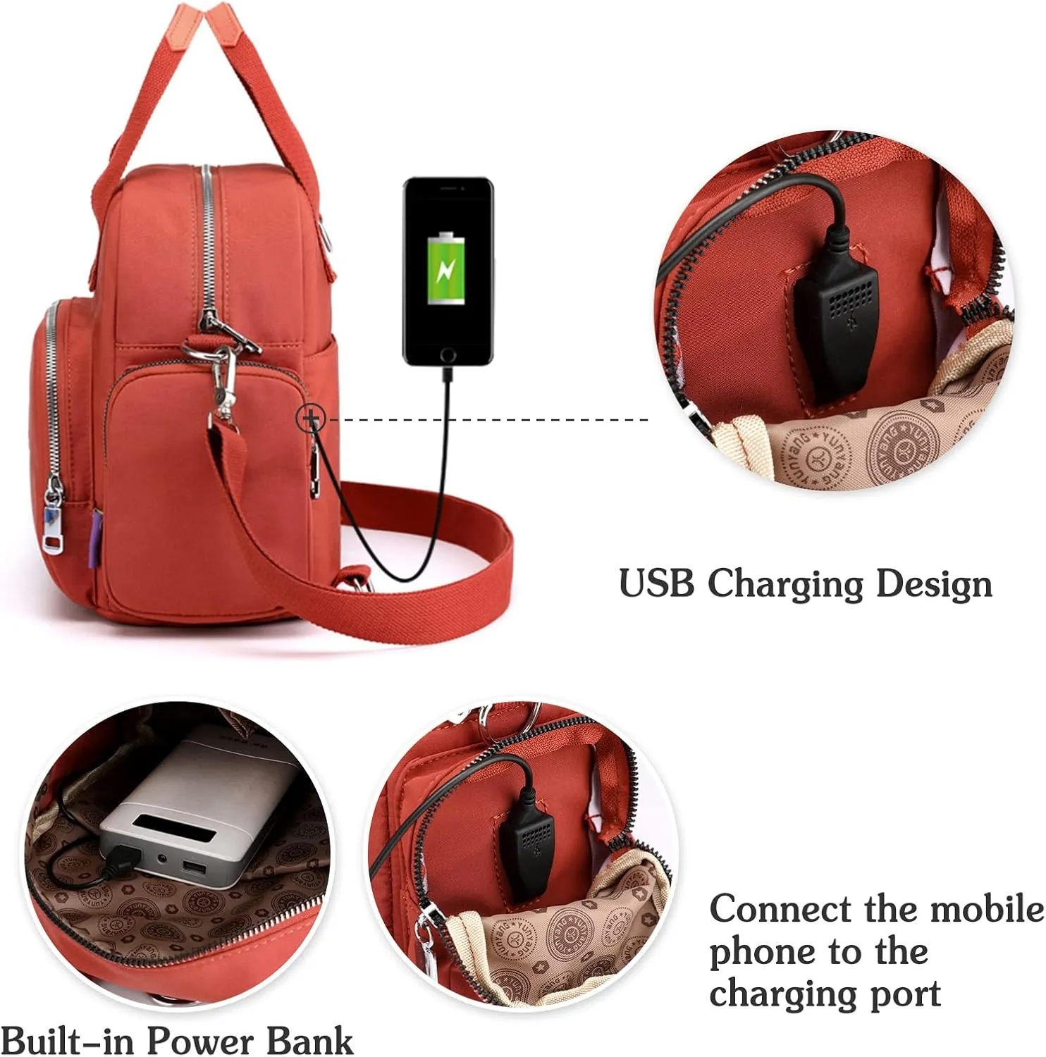 PORRASSO Women Backpack Fashion Shoulder Bag Multifunctional Daypack with USB Charging Port Handbag Nylon Crossbody Bag for Work Travel Dating Navy Blue