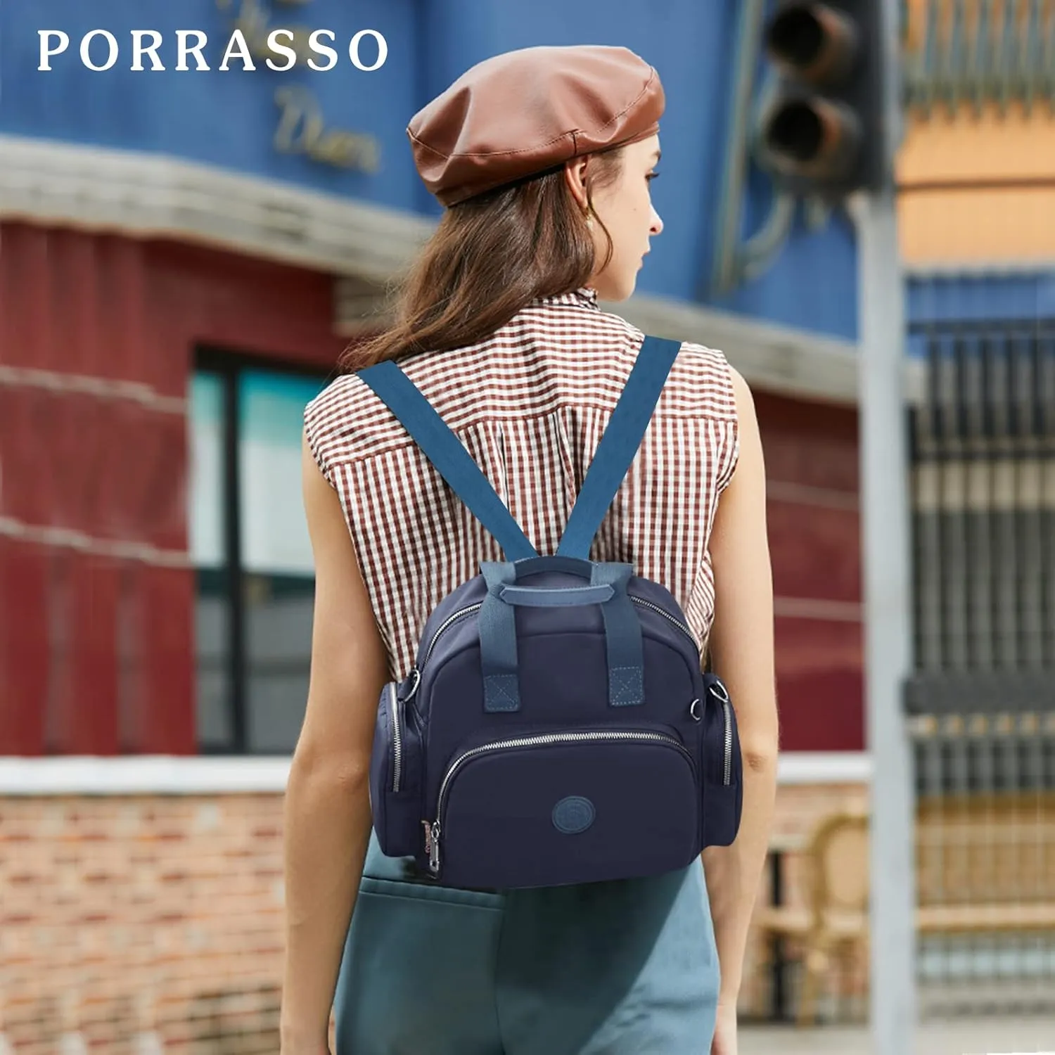 PORRASSO Women Backpack Fashion Shoulder Bag Multifunctional Daypack with USB Charging Port Handbag Nylon Crossbody Bag for Work Travel Dating Navy Blue