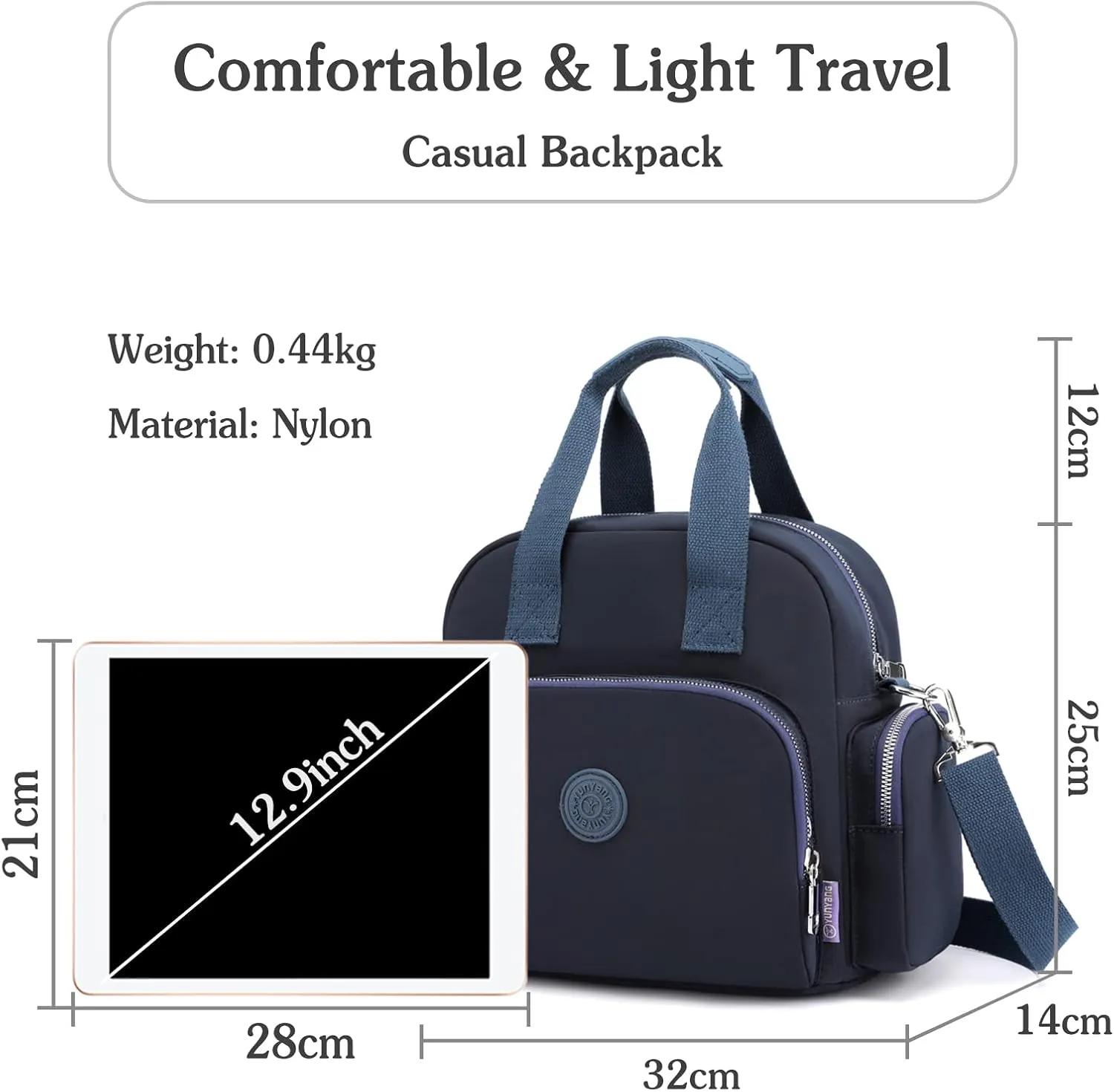 PORRASSO Women Backpack Fashion Shoulder Bag Multifunctional Daypack with USB Charging Port Handbag Nylon Crossbody Bag for Work Travel Dating Navy Blue