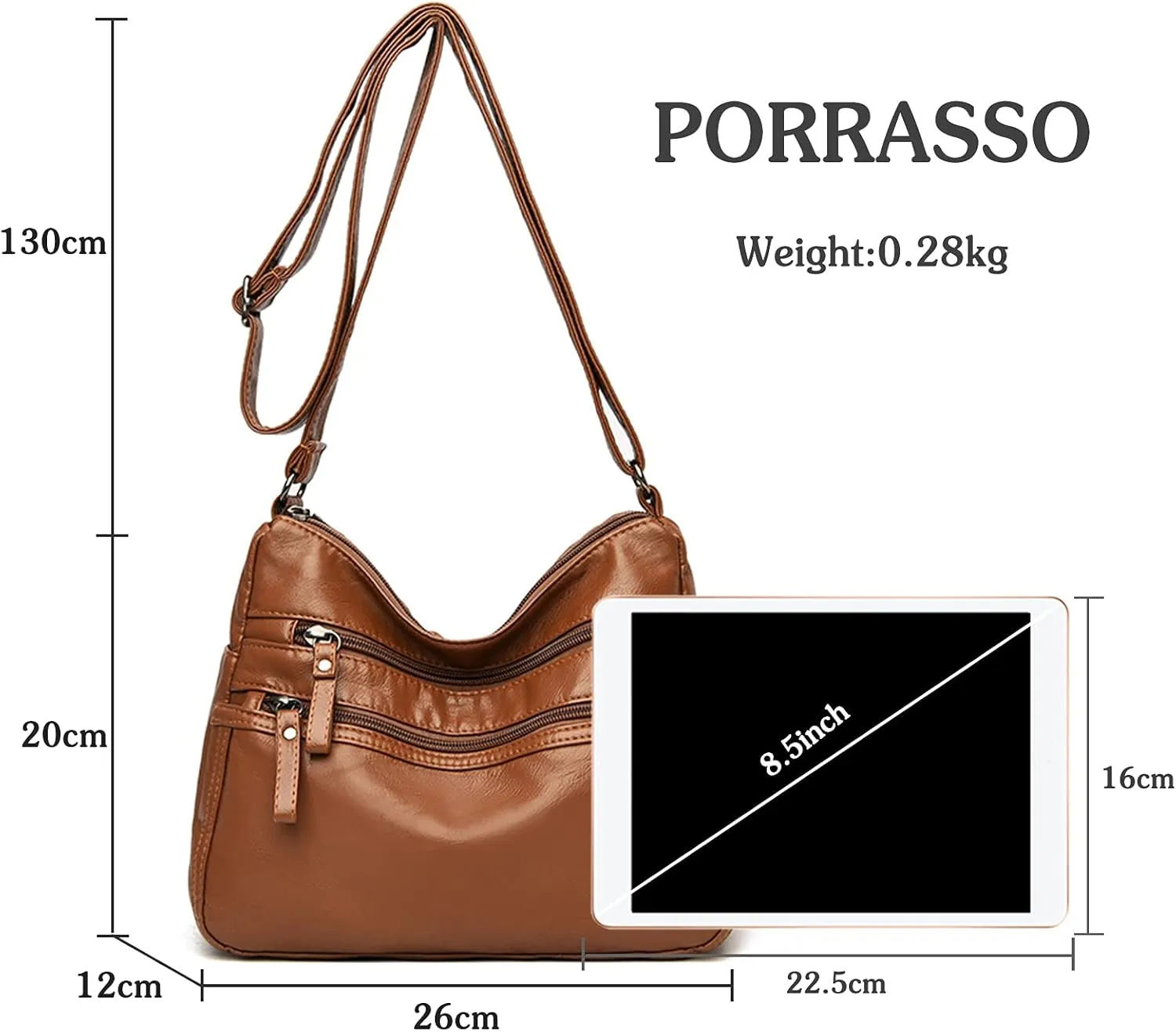 PORRASSO Women Crossbody Bag Multi-pocket Shoulder Bag Leather Waterproof
