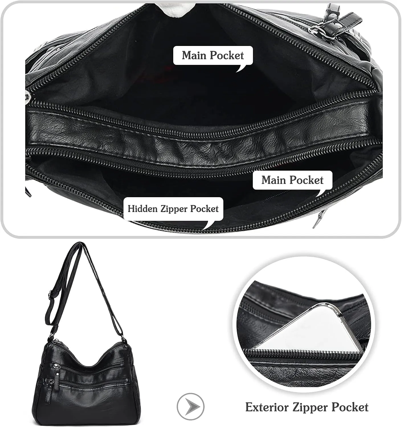 PORRASSO Women Crossbody Bag Multi-pocket Shoulder Bag Leather Waterproof