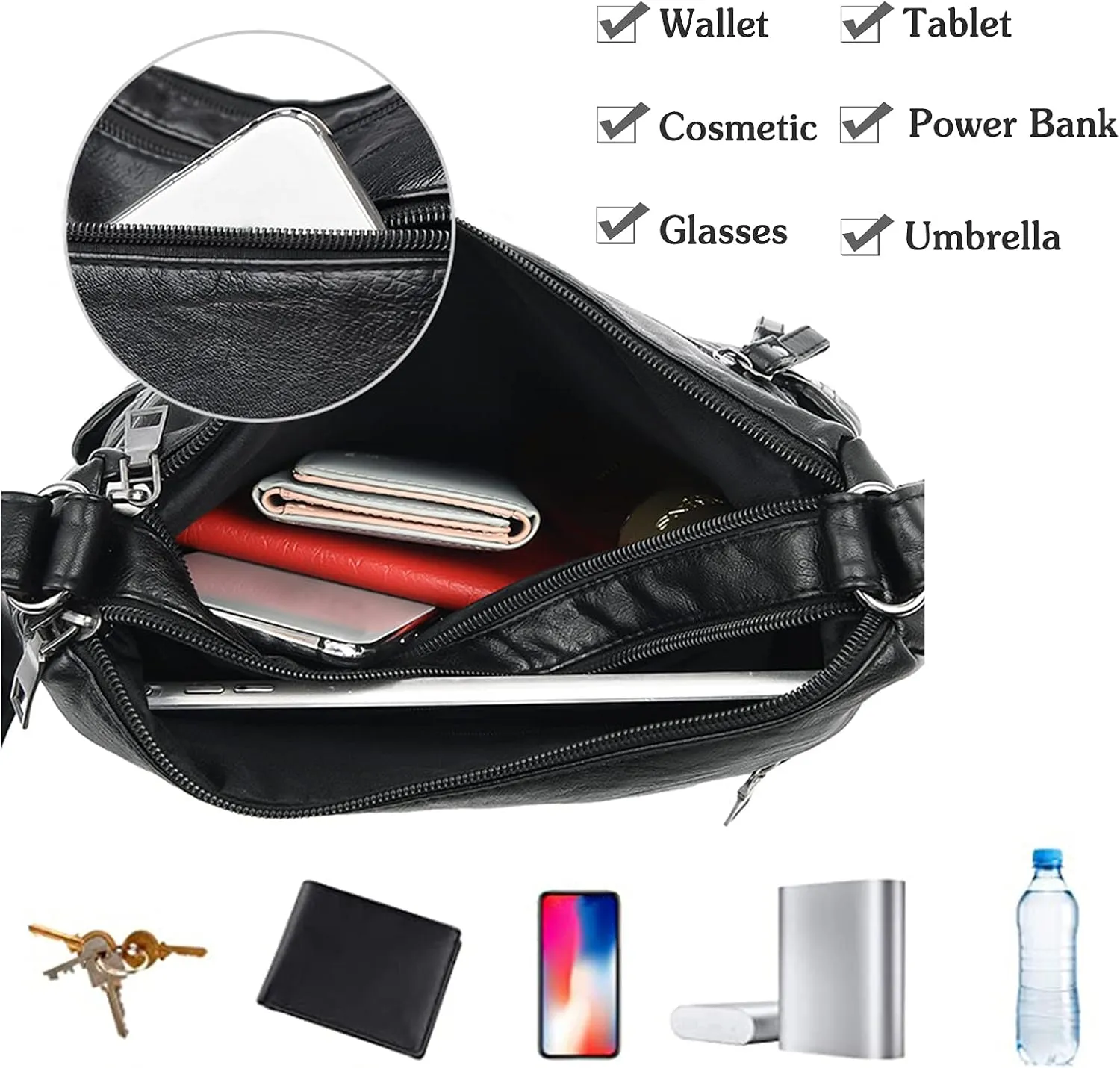PORRASSO Women Crossbody Bag Multi-pocket Shoulder Bag Leather Waterproof