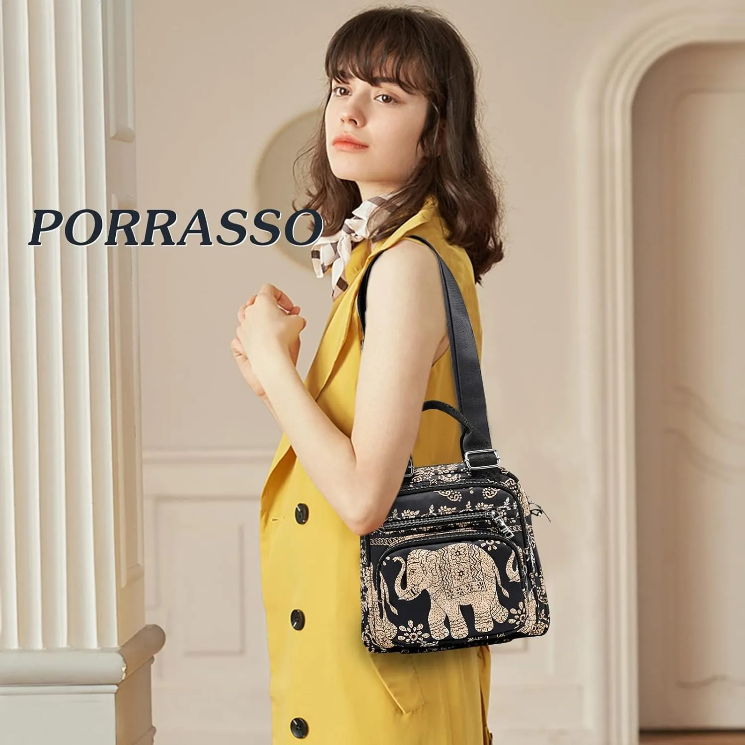PORRASSO Women Crossbody Bag Small Backpack Casual Shoulder Bag Multi-pocket Daypack