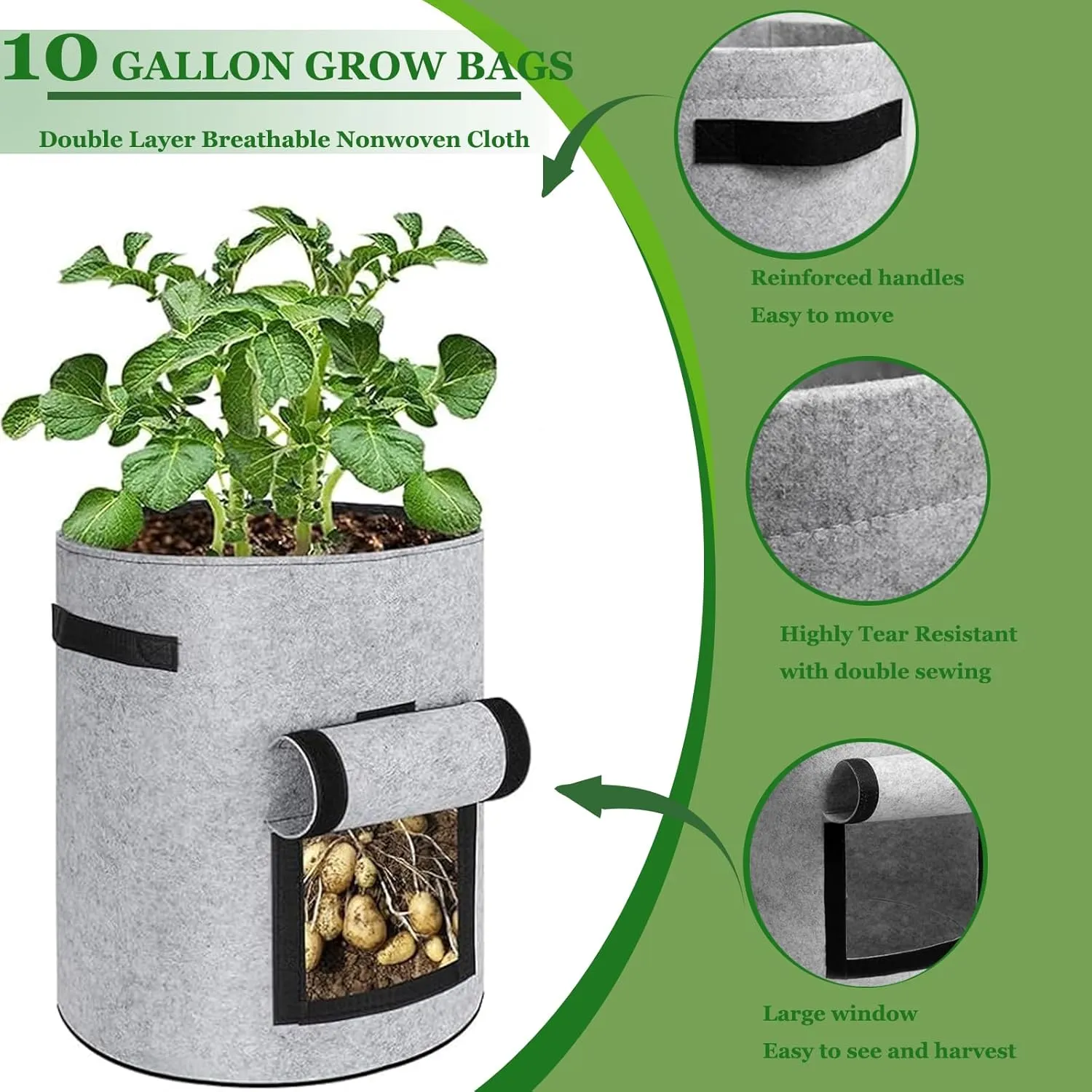 Potato Grow Bags with Access Flap, 2-Pack Garden Planter Bags, 10 Gallon Vegetable Growing Containers (Gray)