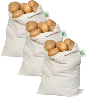 Potato Storage Bags for Pantry - Organic Cotton Potato Sacks - Washable Potato Keeper & Potato Holder with Drawstring - Root Vegetable Storage Sacks for Onion, Potato, Garlic (3 X Large - 14"x18")