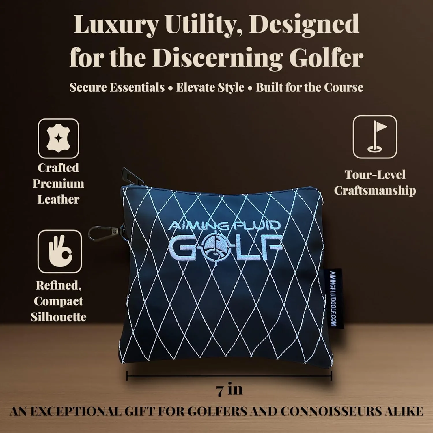 Premium Leather Golf/Travel Valuables Pouch – Luxury Zippered Utility Bag I Diamond Stitching I 360° Swivel Clip I Soft Interior for Golf Accessories & Travel Essentials (Black)