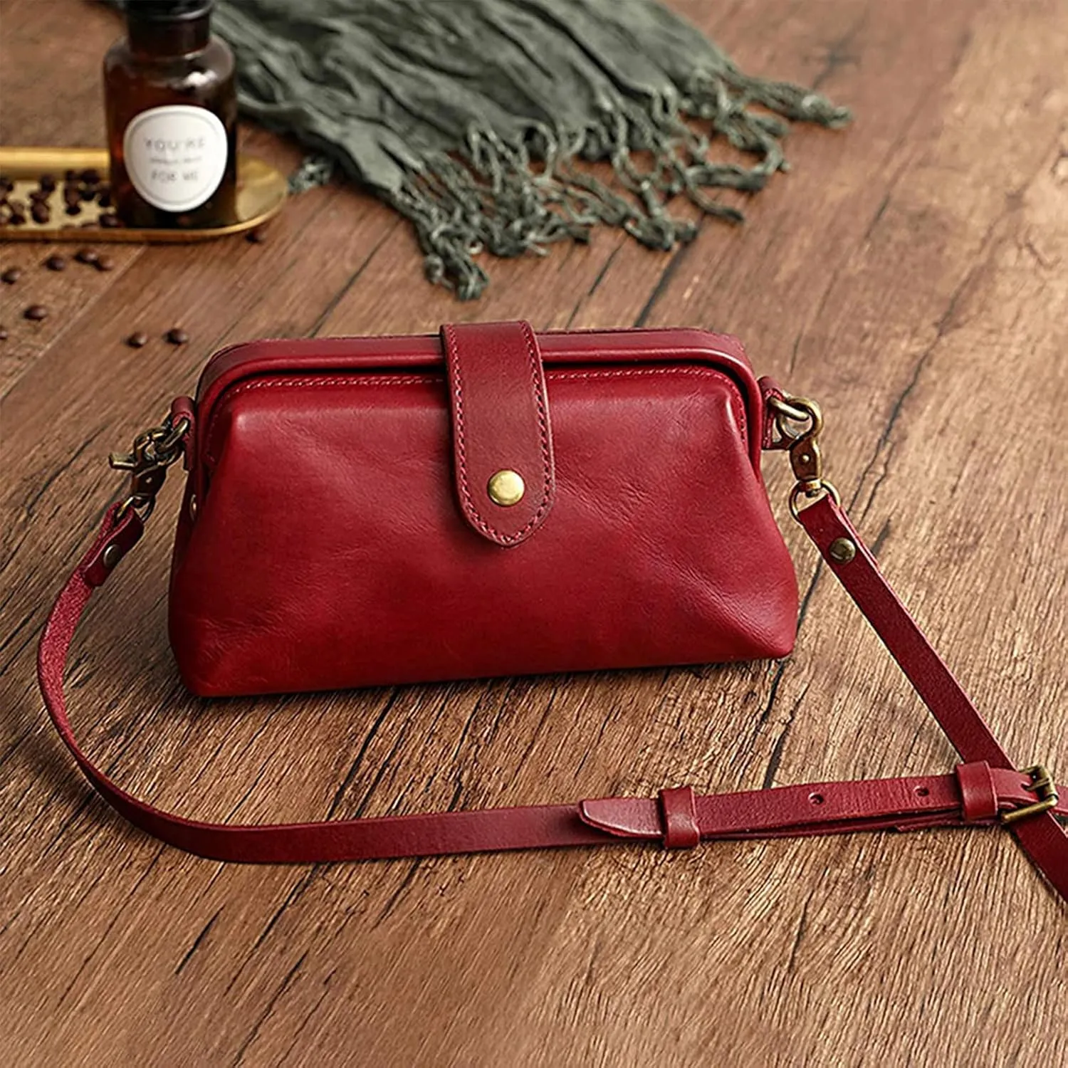 Premium Leather Retro Handmade Doctor Bag,Dr bag - retro handmade bag,Crossbody Unique Opening Small Vintage Phone Purse Handbags for Women (Red Wine)