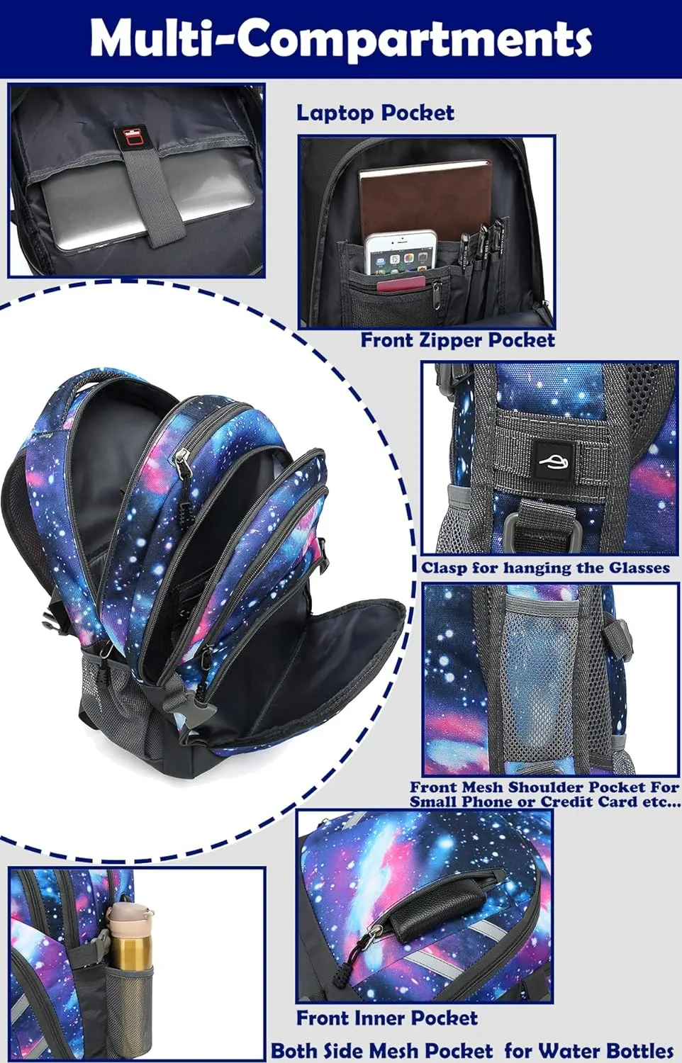 ProEtrade Backpack Bookbag for College Laptop Travel,Fit Laptop Up to 15.6 inch with USB Charging Port Multi Compartment Anti theft, Gift for Women Men (Galaxy)