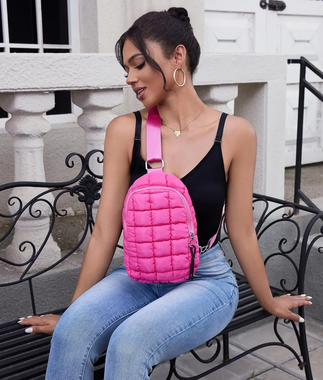 Puffer Small Sling Bag for Women Quilted Crossbody Purses Backpack Chest Bag Fanny Packs with Adjustable Strap