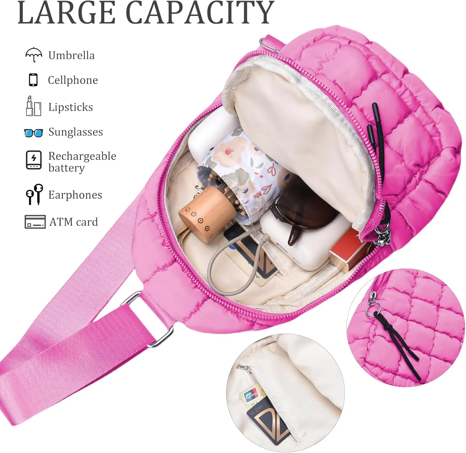 Puffer Small Sling Bag for Women Quilted Crossbody Purses Backpack Chest Bag Fanny Packs with Adjustable Strap