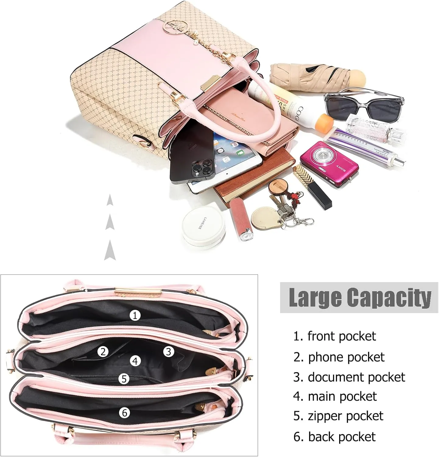 Purse and Handbags for Women, 3 Zip Compartments Tote Bag Designer Shoulder Purse Top Handle Satchel Bags