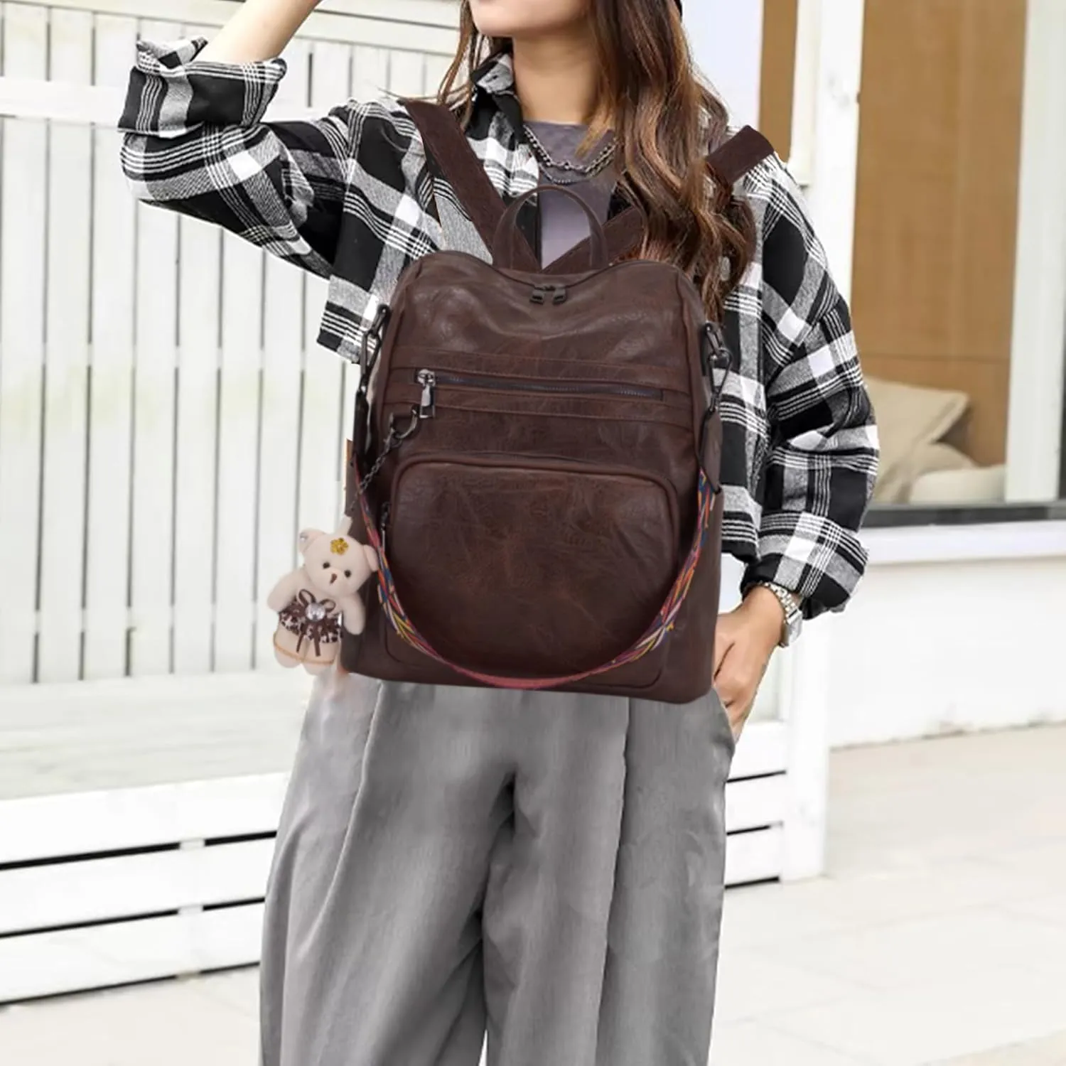 Qiyuer Women's Fashion PU Leather Backpack Purse for Women Designer Ladies Travel Convertible Shoulder Bag DarkBrown