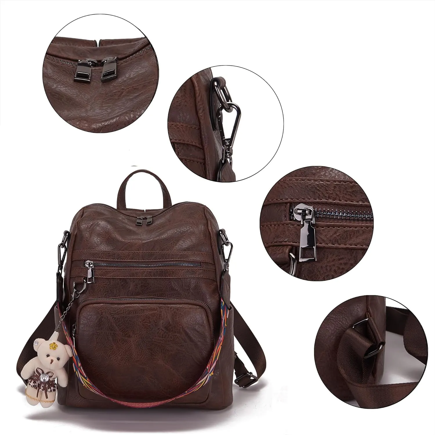 Qiyuer Women's Fashion PU Leather Backpack Purse for Women Designer Ladies Travel Convertible Shoulder Bag DarkBrown