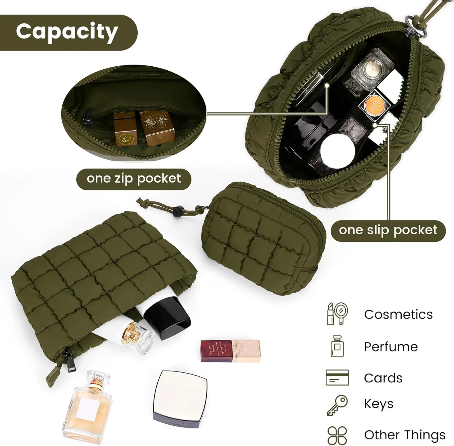 Quilted Makeup Bag and Zip Card Pouch Key Chain Puffer Cosmetic Bag Travel Cute Makeup Bag Organizer Mini Coin Purse