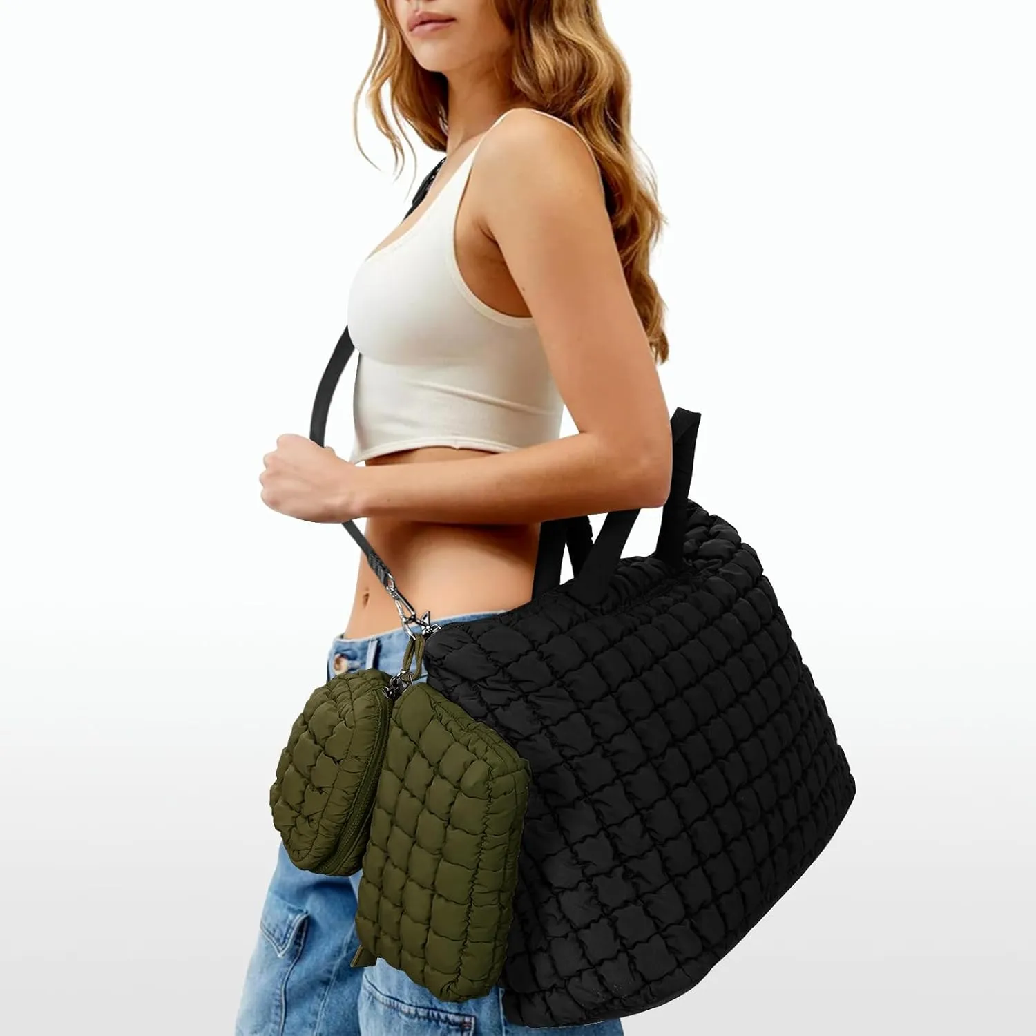 Quilted Makeup Bag and Zip Card Pouch Key Chain Puffer Cosmetic Bag Travel Cute Makeup Bag Organizer Mini Coin Purse
