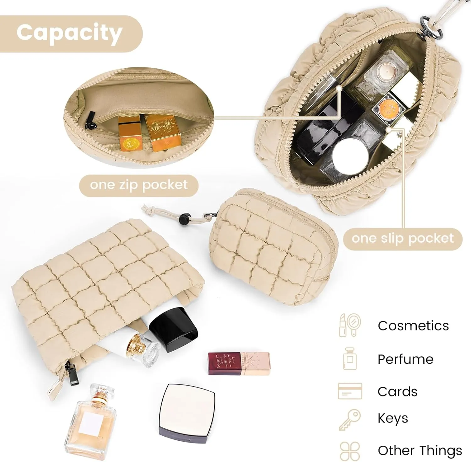 Quilted Makeup Bag and Zip Card Pouch Key Chain Puffer Cosmetic Bag Travel Cute Makeup Bag Organizer Mini Coin Purse