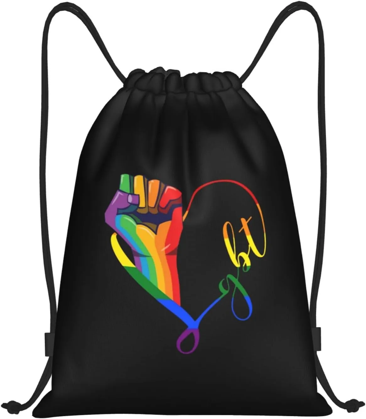Rainbow LGBT Gay Pride Drawstring Bag Backpack Black Draw String Cinch Bags for Sports, Travel, Beach