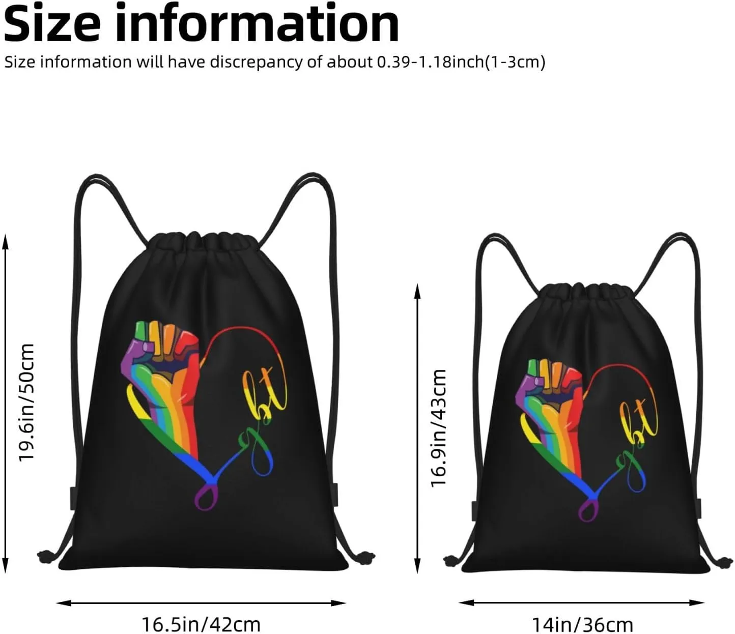 Rainbow LGBT Gay Pride Drawstring Bag Backpack Black Draw String Cinch Bags for Sports, Travel, Beach