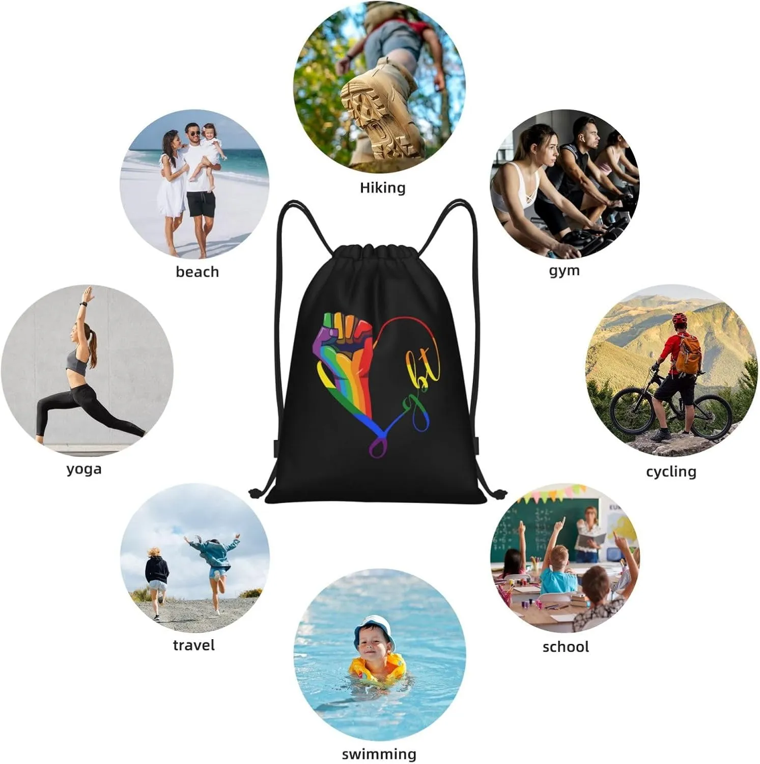 Rainbow LGBT Gay Pride Drawstring Bag Backpack Black Draw String Cinch Bags for Sports, Travel, Beach