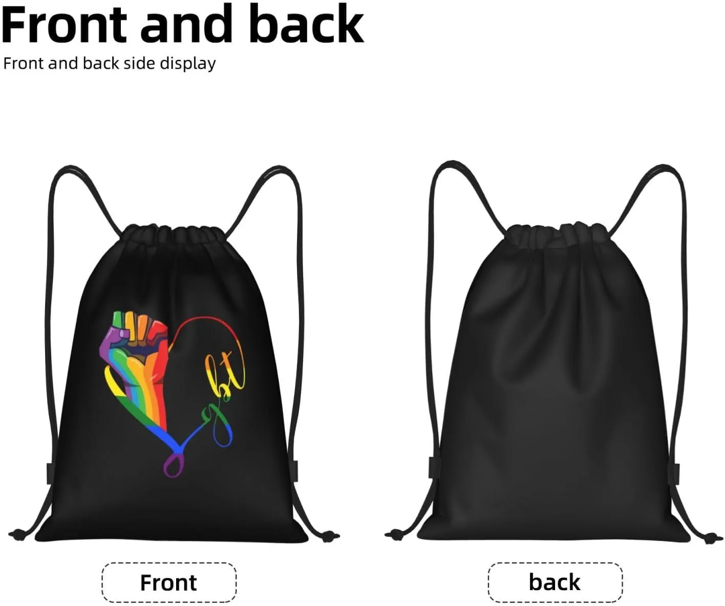 Rainbow LGBT Gay Pride Drawstring Bag Backpack Black Draw String Cinch Bags for Sports, Travel, Beach