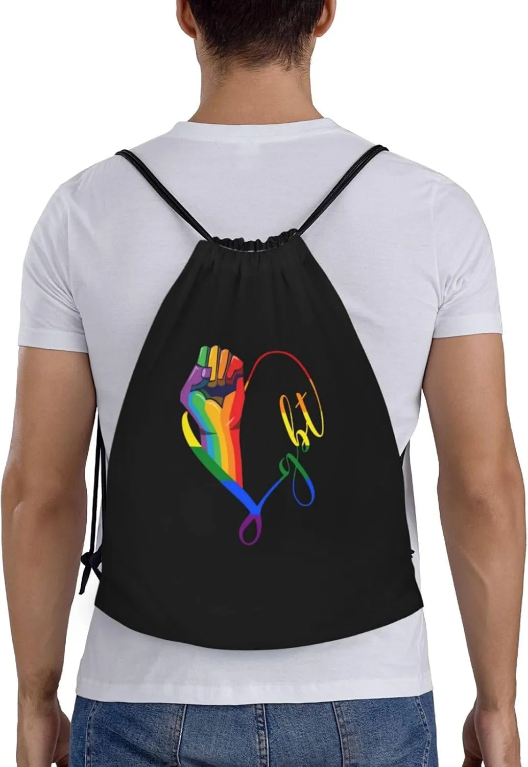 Rainbow LGBT Gay Pride Drawstring Bag Backpack Black Draw String Cinch Bags for Sports, Travel, Beach