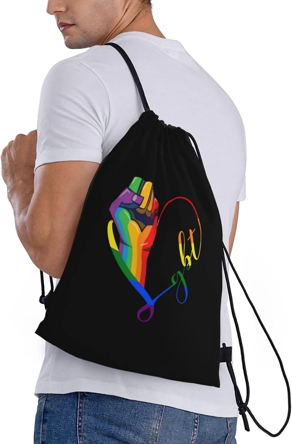 Rainbow LGBT Gay Pride Drawstring Bag Backpack Black Draw String Cinch Bags for Sports, Travel, Beach