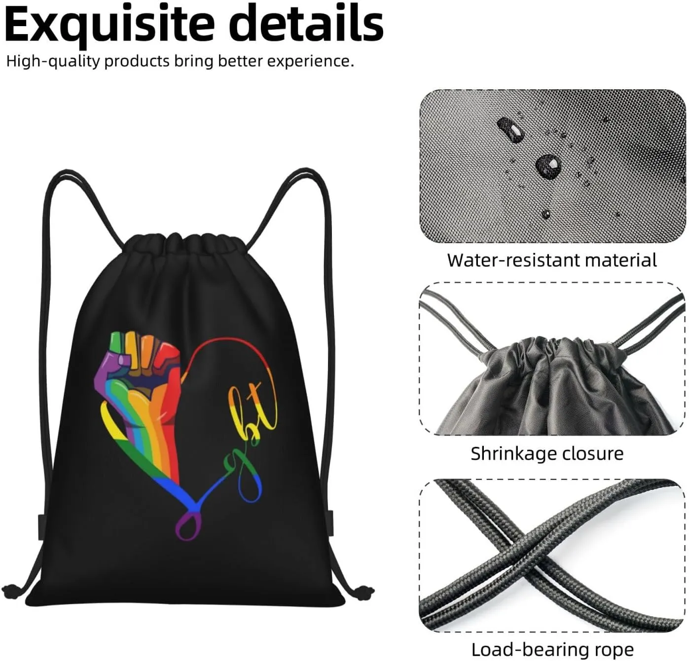 Rainbow LGBT Gay Pride Drawstring Bag Backpack Black Draw String Cinch Bags for Sports, Travel, Beach