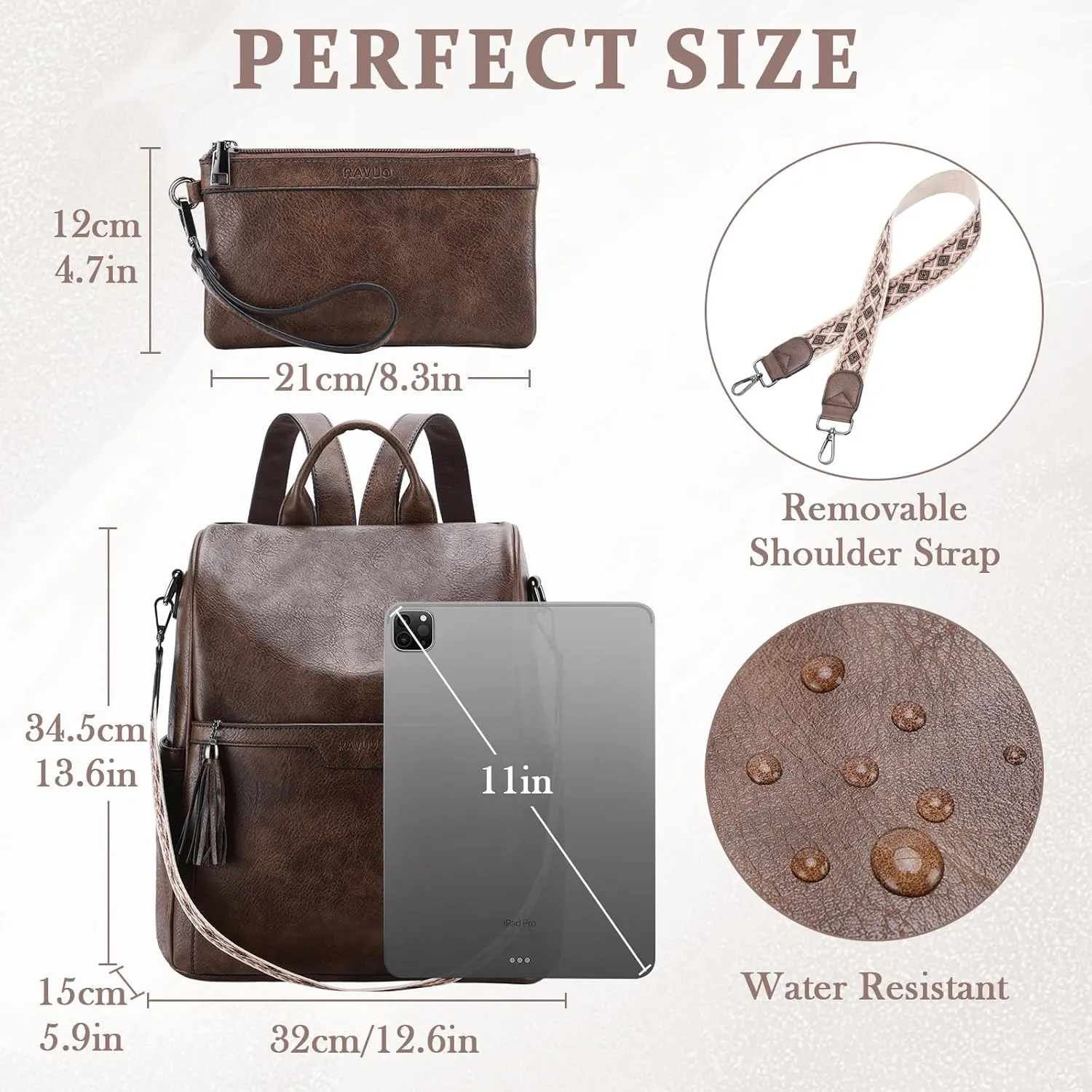 RAVUO Backpack for Women, Anti Theft Leather Purse Convertible Ladies Shoulder Bag Handbag with Guitar Shoulder Strap,Coffee