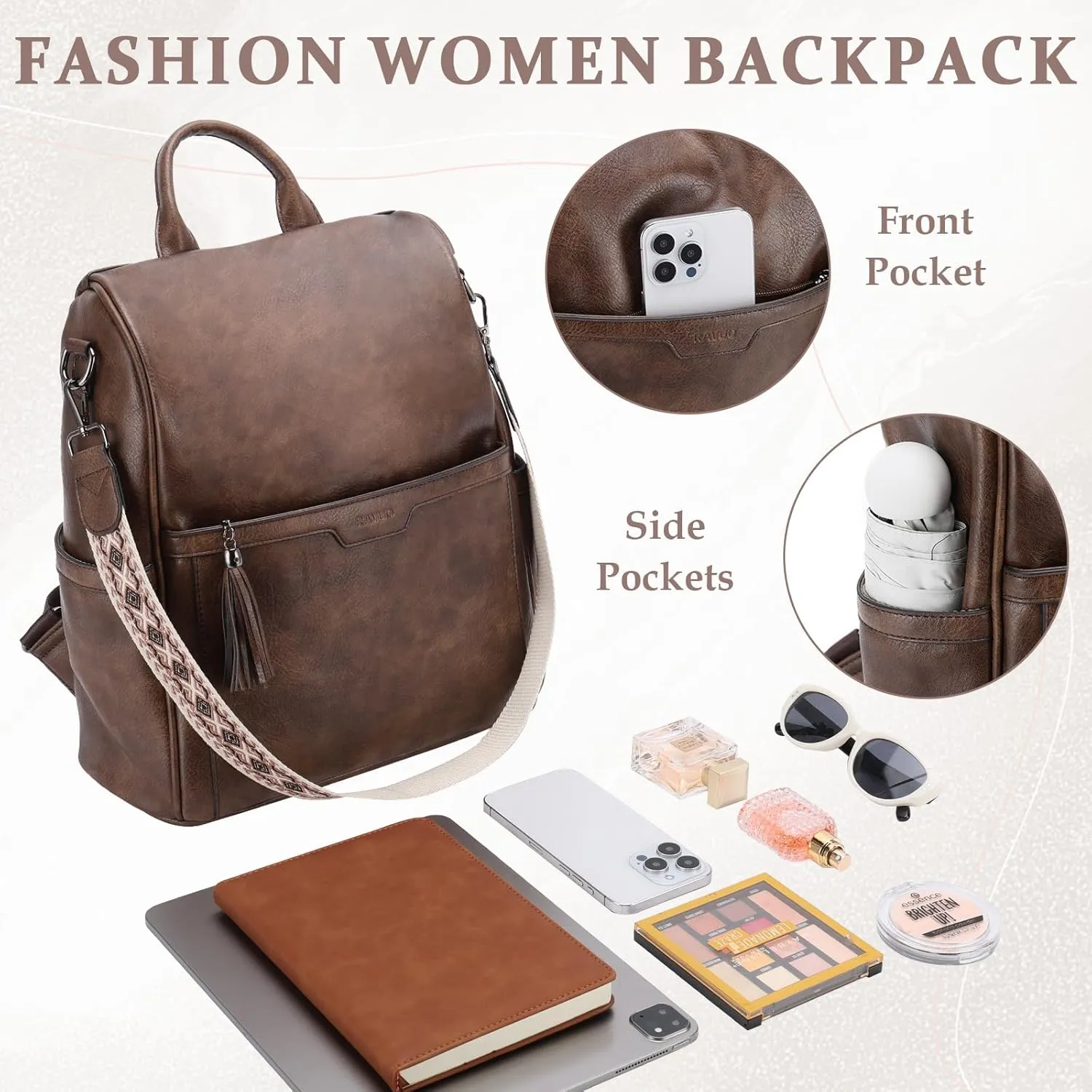 RAVUO Backpack for Women, Anti Theft Leather Purse Convertible Ladies Shoulder Bag Handbag with Guitar Shoulder Strap,Coffee