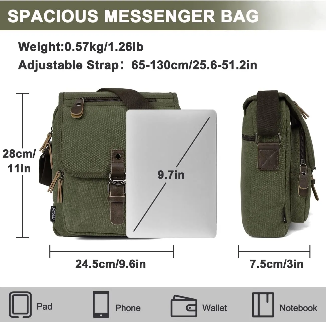 RAVUO Small Messenger Bag, Water Resistant Mens Women Canvas Shoulder Satchel Crossbody Purse for Travel Work