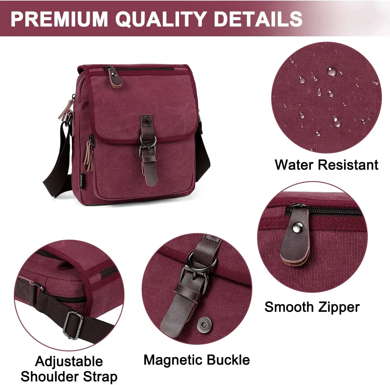 RAVUO Small Messenger Bag, Water Resistant Mens Women Canvas Shoulder Satchel Crossbody Purse for Travel Work