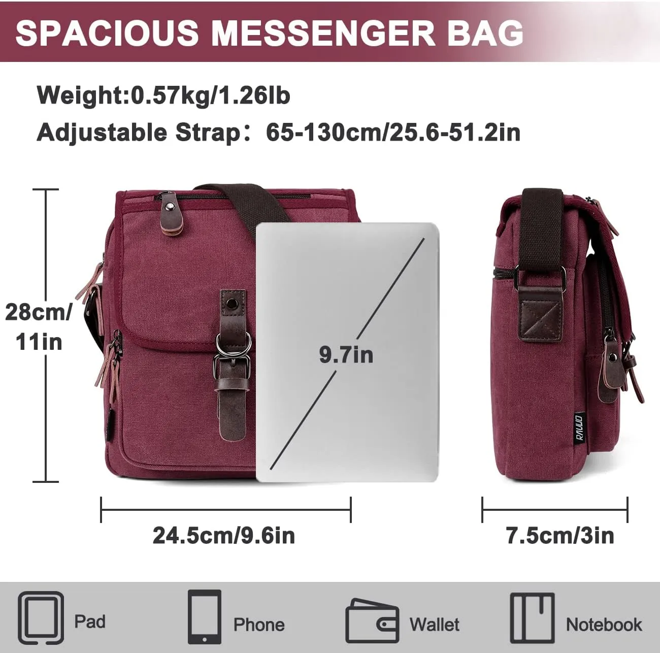 RAVUO Small Messenger Bag, Water Resistant Mens Women Canvas Shoulder Satchel Crossbody Purse for Travel Work