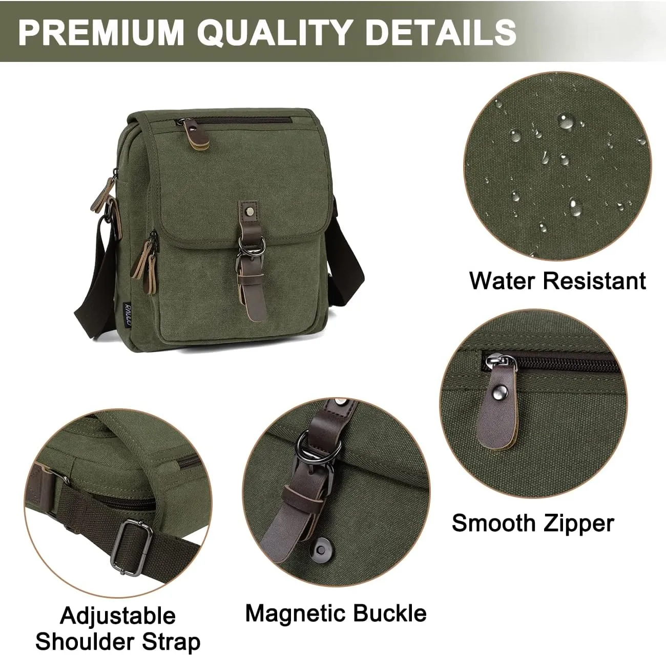 RAVUO Small Messenger Bag, Water Resistant Mens Women Canvas Shoulder Satchel Crossbody Purse for Travel Work