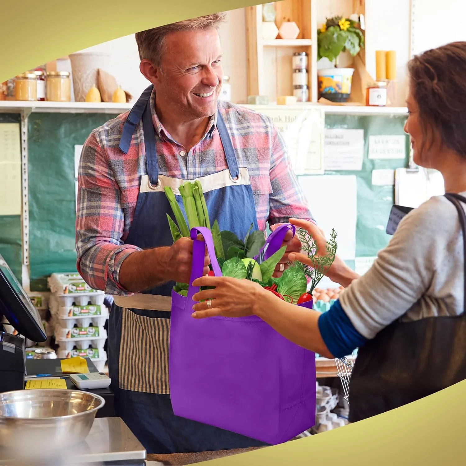 Reginary Reusable Totes Bags - 100 Pcs Non Woven Grocery Handle Bags for Shop Events & Retail Store(Purple)