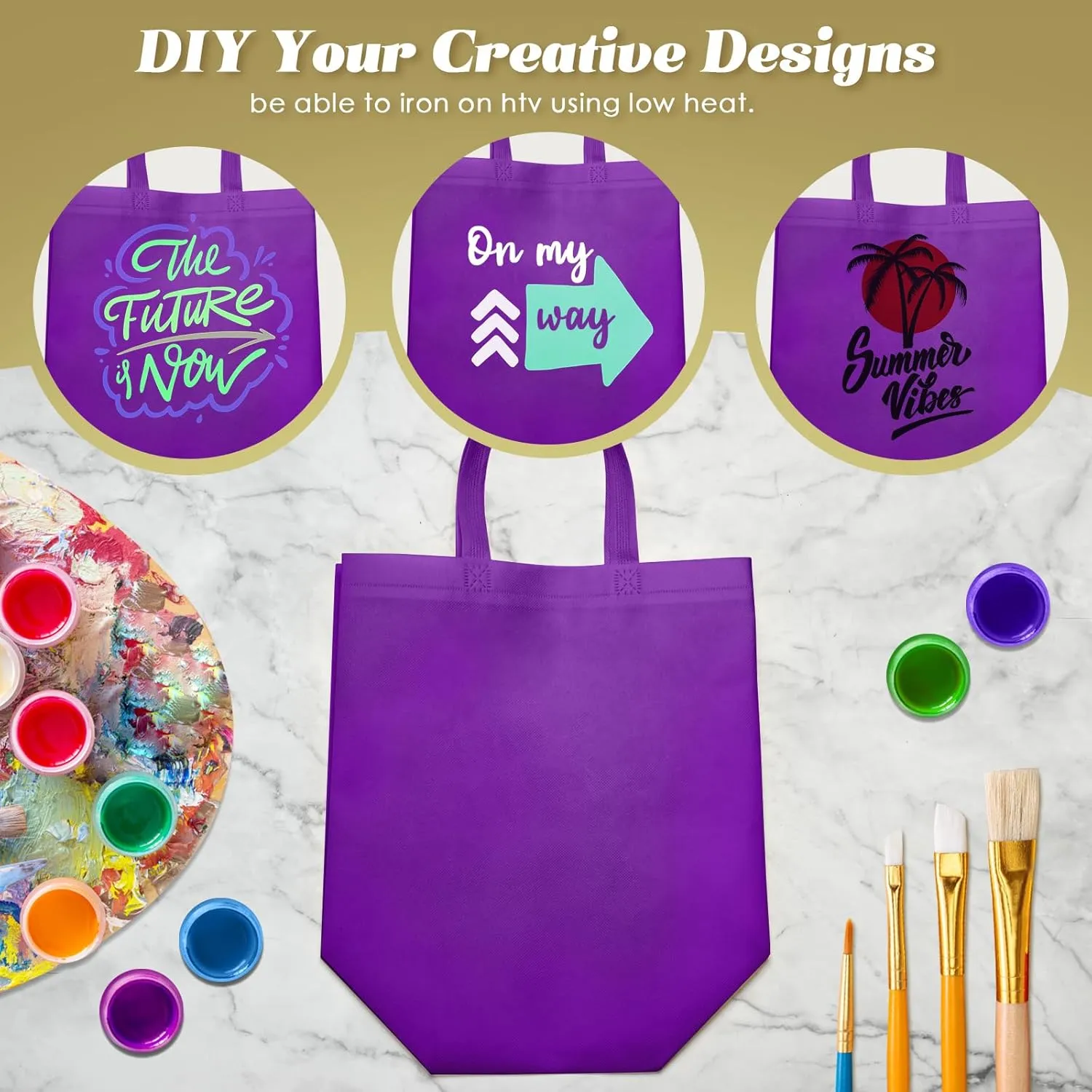 Reginary Reusable Totes Bags - 100 Pcs Non Woven Grocery Handle Bags for Shop Events & Retail Store(Purple)