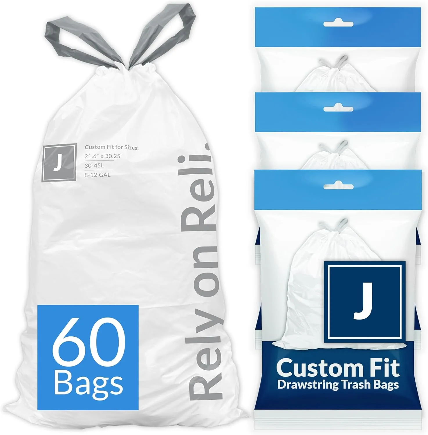 Reli. Custom Fit J Trash Bags (60 Count) Fits Simplehuman Code J Bags | 30-45 Liters / 8-12 Gallon | Drawstring Closure for Home, Kitchen | 21.6x30.25" (3 Dispenser Packs)