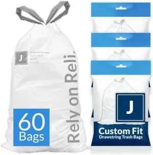 Reli. Custom Fit J Trash Bags (60 Count) Fits Simplehuman Code J Bags | 30-45 Liters / 8-12 Gallon | Drawstring Closure for Home, Kitchen | 21.6x30.25" (3 Dispenser Packs)