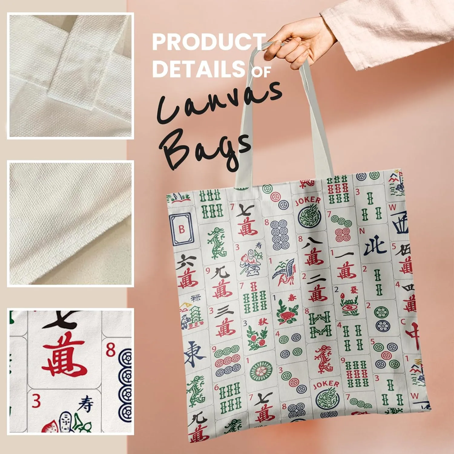 Retro Canvas Tote Bags for Women, Mahjong Gifts, Gifts for Mahjong Lovers