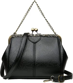 Retro Handbags and Purses for Women Chain Kiss Lock Top-Handle Satchel PU Leather Shoulder Bag Hollow Tote Champagne