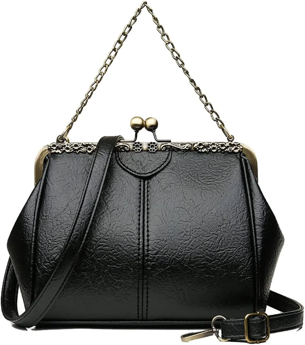Retro Handbags and Purses for Women Chain Kiss Lock Top-Handle Satchel PU Leather Shoulder Bag Hollow Tote Champagne