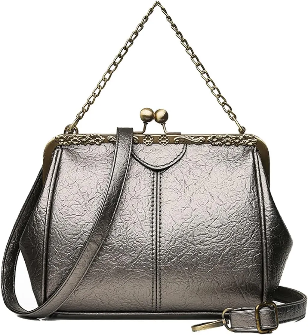 Retro Handbags and Purses for Women Chain Kiss Lock Top-Handle Satchel PU Leather Shoulder Bag Hollow Tote