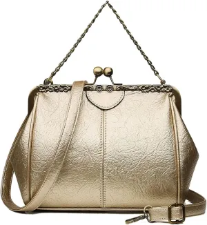 Retro Handbags and Purses for Women Chain Kiss Lock Top-Handle Satchel PU Leather Shoulder Bag Hollow Tote