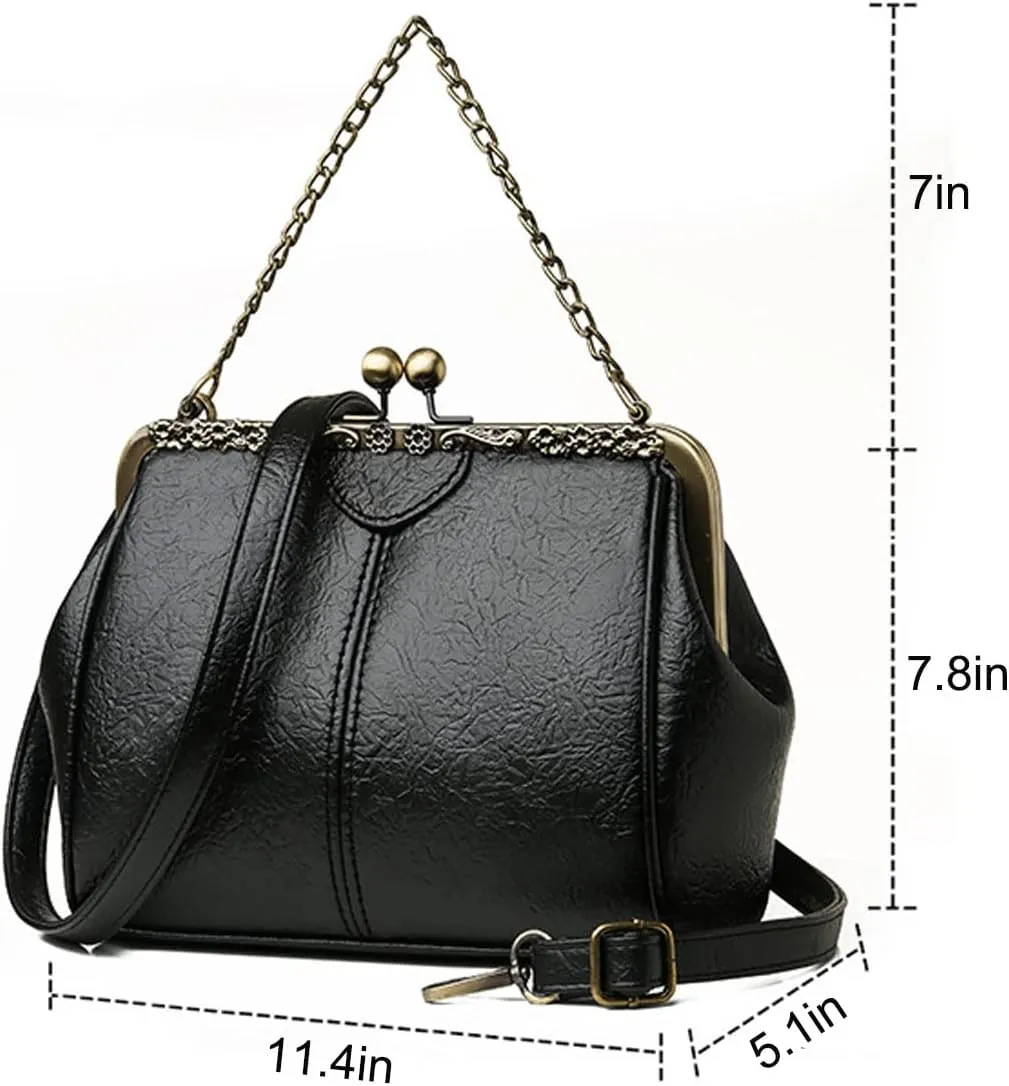 Retro Handbags and Purses for Women Chain Kiss Lock Top-Handle Satchel PU Leather Shoulder Bag Hollow Tote