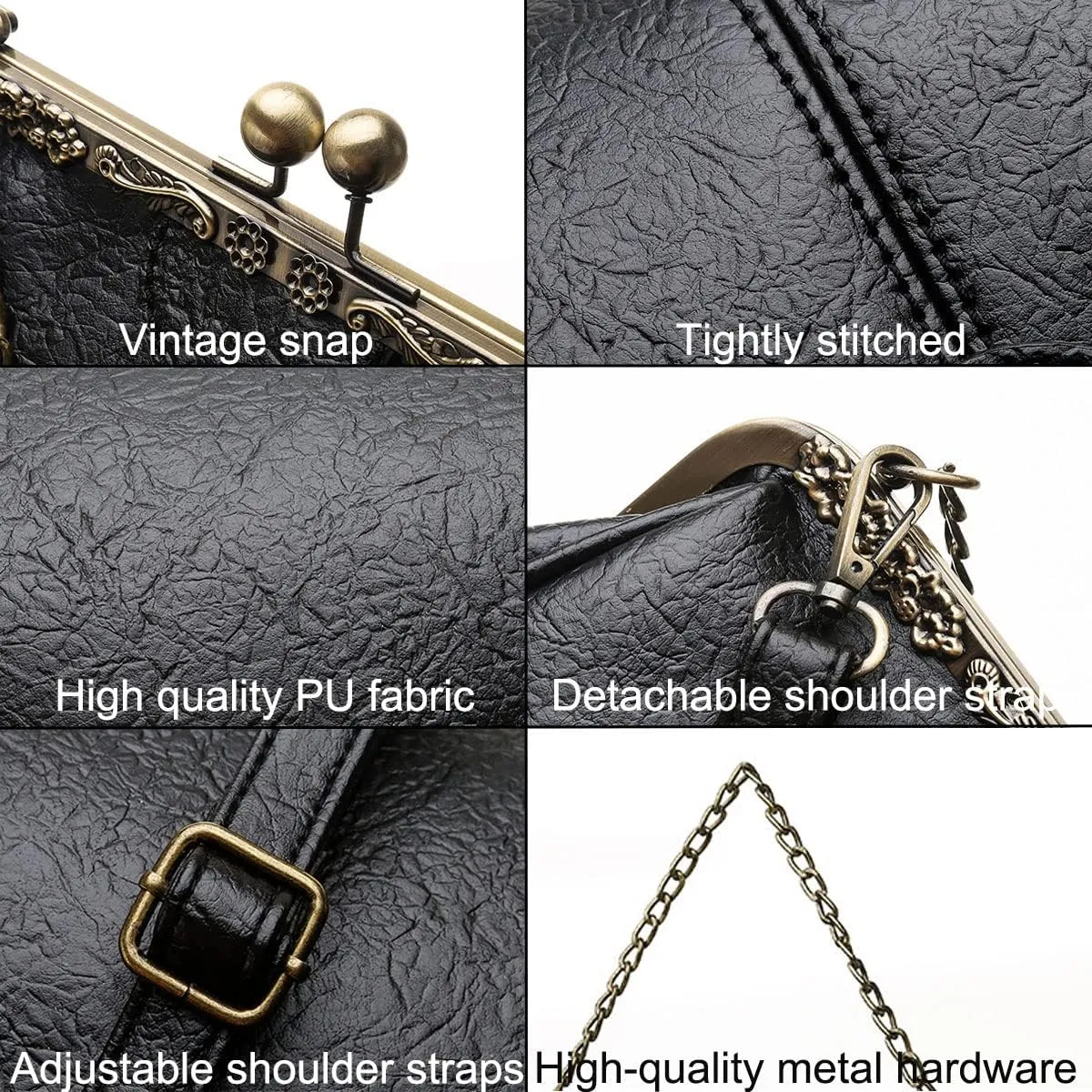Retro Handbags and Purses for Women Chain Kiss Lock Top-Handle Satchel PU Leather Shoulder Bag Hollow Tote