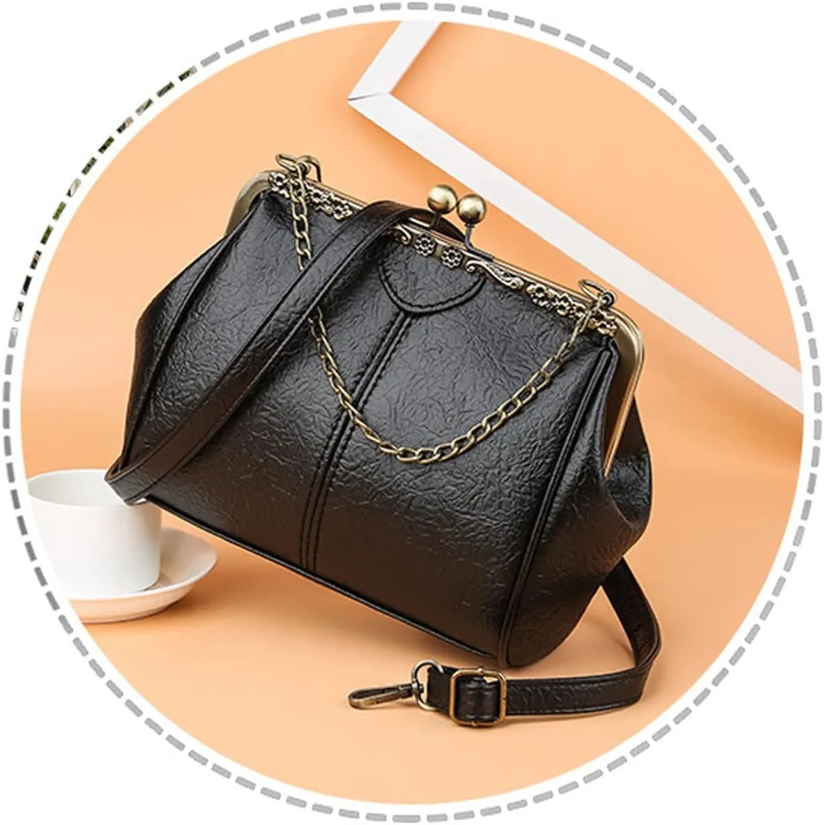 Retro Handbags and Purses for Women Chain Kiss Lock Top-Handle Satchel PU Leather Shoulder Bag Hollow Tote