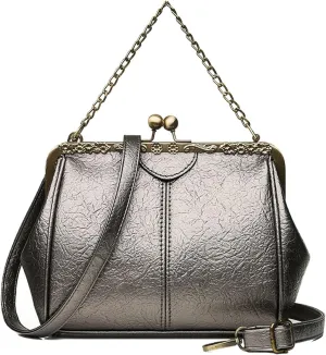 Retro Handbags and Purses for Women Chain Kiss Lock Top-Handle Satchel PU Leather Shoulder Bag Hollow Tote
