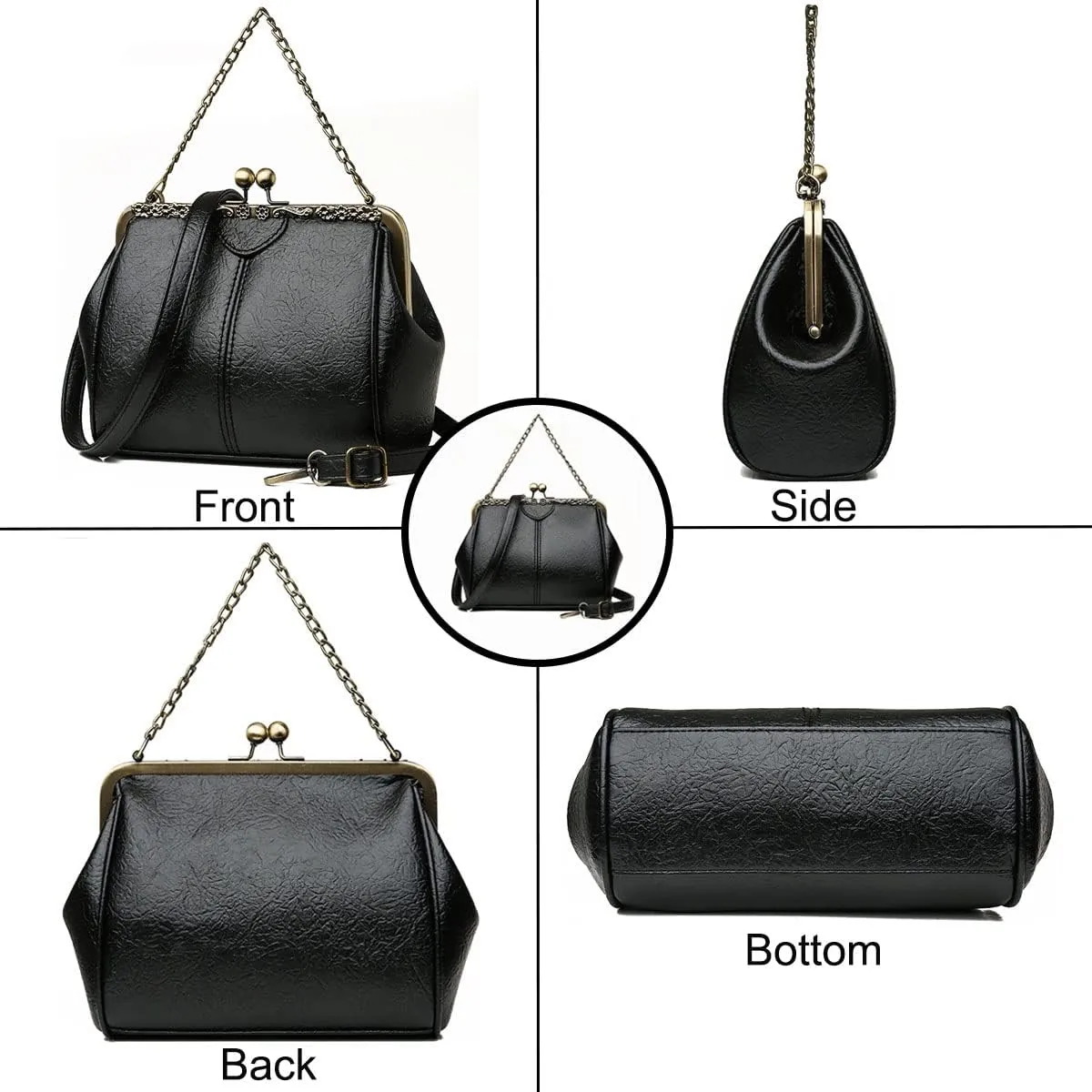 Retro Handbags and Purses for Women Chain Kiss Lock Top-Handle Satchel PU Leather Shoulder Bag Hollow Tote